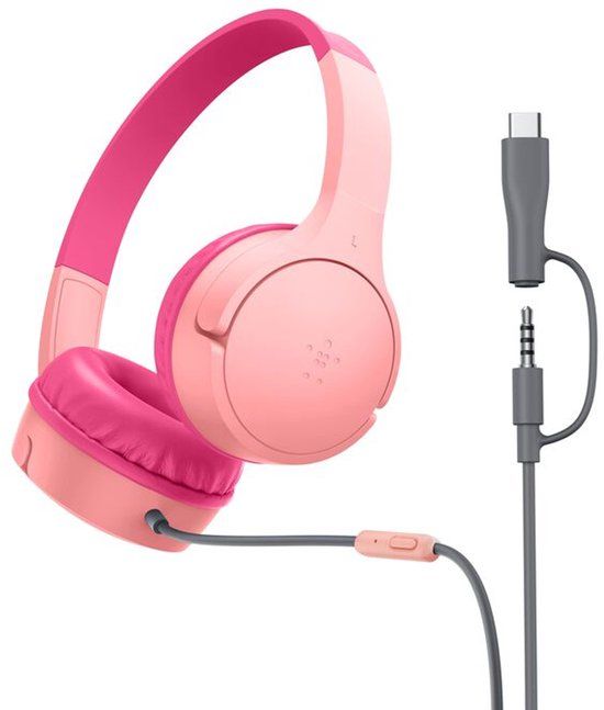 Belkin SoundForm Mini Kinderkoptelefoon Bedrade met USB-C naar 3,5 mm adapter, Microfoon, Stickers, max. volume 85 dB – voor online onderwijs, op reis, voor iPhone, iPad, Galaxy, enz. - Roze