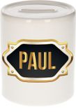 Bellatio Decorations Shoppartners Bv Spaarpot met voornaam Paul - wit - met goud/zwart embleem - 8 x 9 cm - keramiek - met afsluitdop - cadeau verjaardag