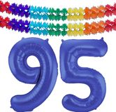 Folat Verjaardag Leeftijd folieballon - 95 jaar - blauw - 86 cm - cijferballon groot - incl 2x feestslingers