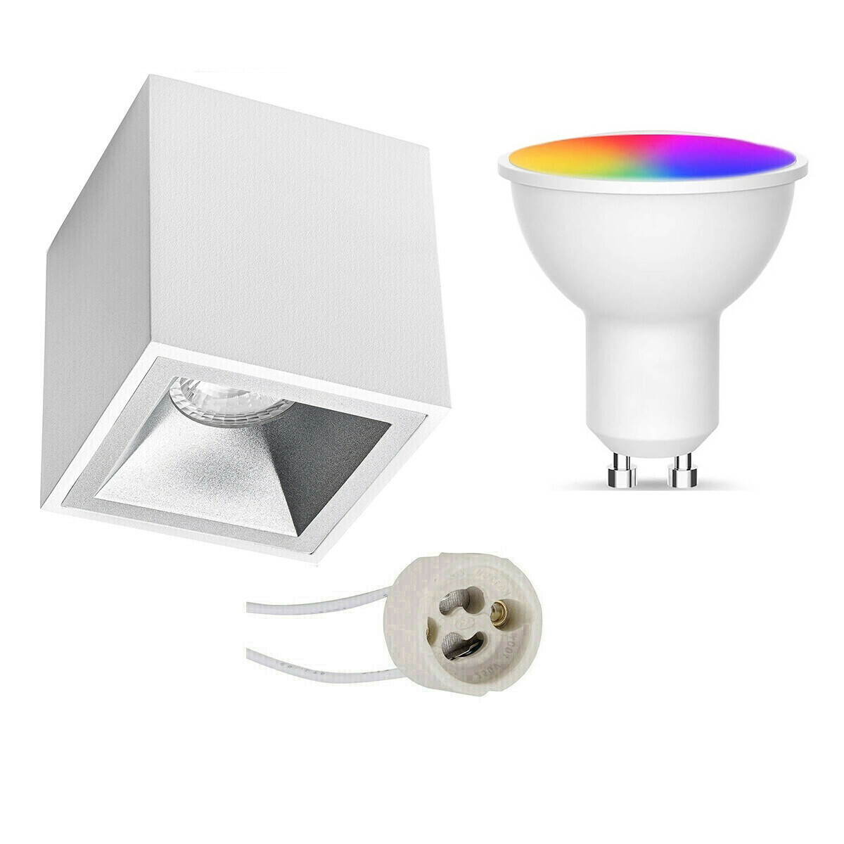 BES LED Voordeelset Opbouwspot Set GU10 - Facto - Smart LED - Wifi LED - Slimme LED - 5W - RGB+CCT - Aanpasbare Kleur - Dimbaar - Afstandsbediening - Pragmi Cliron Pro - Opbouw Vierkant - Mat Wit/Zilver - Verdiept - 90mm