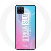 Maniacase Etui voor Samsung Galaxy A12 Bangtan Boys Logo BTS WORLD Video Game Blauw Roze Achtergrond