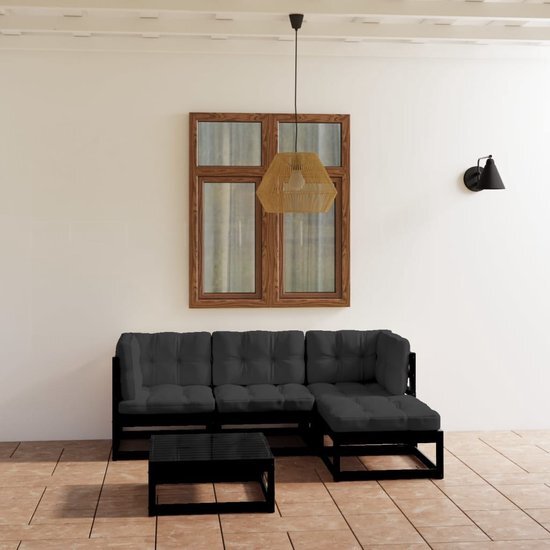 The Living Store Loungeset Grenenhout Zwart - 70x70x67cm - Inclusief Kussens