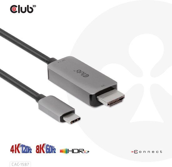 CLUB3D USB Gen2 Type-C to HDMI 4K120Hz 8K60Hz HDR10 Active Cable 3m