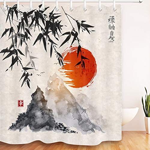 L&B Japans Douchegordijn Bamboe Berg Rode zon Bad Gordijn 180x180cm