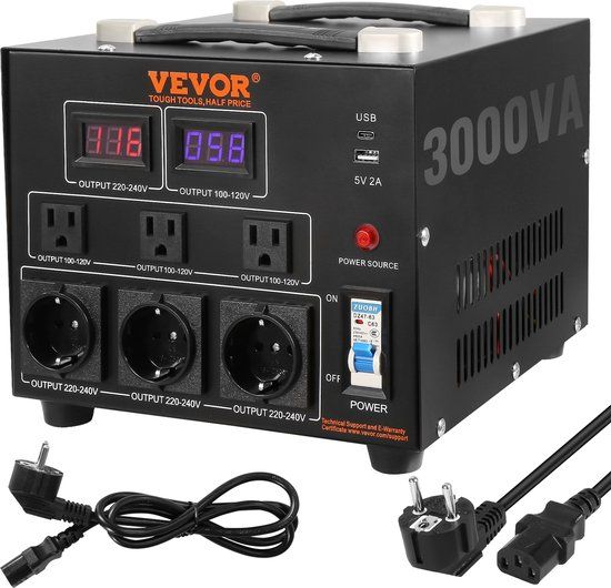 VEVOR 3000VA Spanningsconversietransformator, AC 110V⇋220V, Transformatorconverter, 3 US NEMA 5-15R, 3-Pins Uitgangsterminals, 3 Europese Shucko-Uitgangsterminals, 1 USB en 1 Type-C