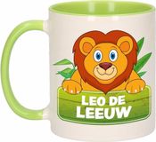 Bellatio Decorations Leo de Leeuw mok - groen/wit - keramiek - 300 ml - kinder beker leeuw