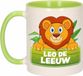 Bellatio Decorations Leo de Leeuw mok - groen/wit - keramiek - 300 ml - kinder beker leeuw