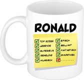 Bellatio Decorations Naam mok Ronald - wit - top gozer - keramiek - 300 ml - cadeau collega beker