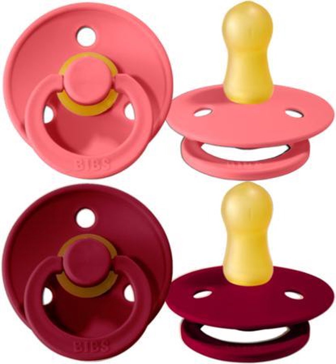 BIBS Colour Speen verpakking van 2 stuks. BPA-vrij, Ronde speen. Natuurlijk rubberlatex, Maat 2 (6-18 maanden), Coral/Ruby