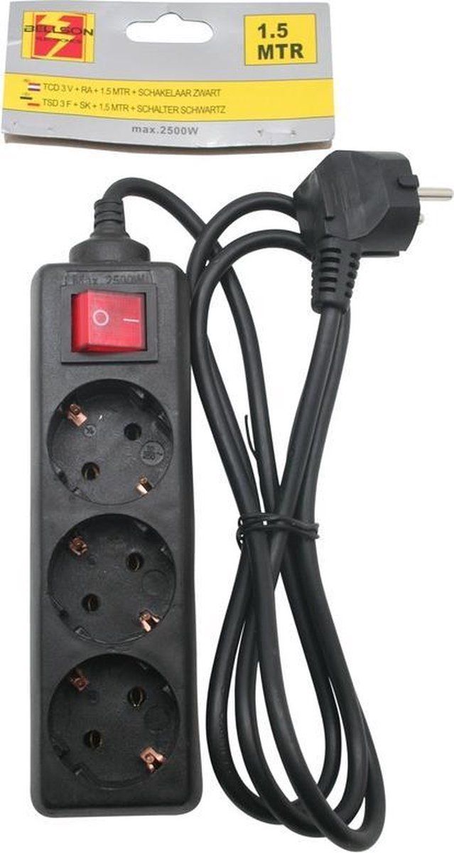 Ben Tools 3x Stekkerdoos 3-voudig zwart - 1,5 meter - Met randaarde en schakelaar