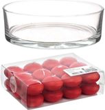 Trend Candles Cadeau set/Sfeer set van een lage luxe transparante vaas 8 x 25 cm met 24x rode drijfkaarsen 4.5 cm