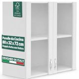 Shally Dogan Sideboard, keukenkast met glas, hangkast voor de muur, van hout, twee deuren, 1 opbergvak 2 vakken, ruim, robuust, kleur wit, afmetingen: 80 x 32 x 72 cm