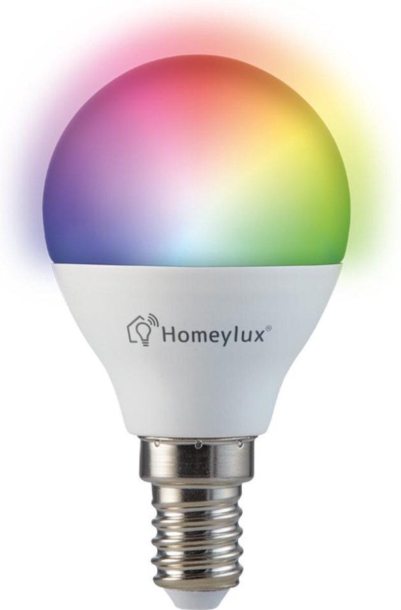 Homeylux - E14 smart lamp - LED - Besturing via app - WiFi - Bluetooth - Dimbaar - Slimme verlichting - P45 - 5.5 Watt - 470 lumen - 230V - 2700-6000K - RGBWW - 16.5 miljoen kleuren - Kleine fitting - Compatibel met Google home en Amazon Alexa