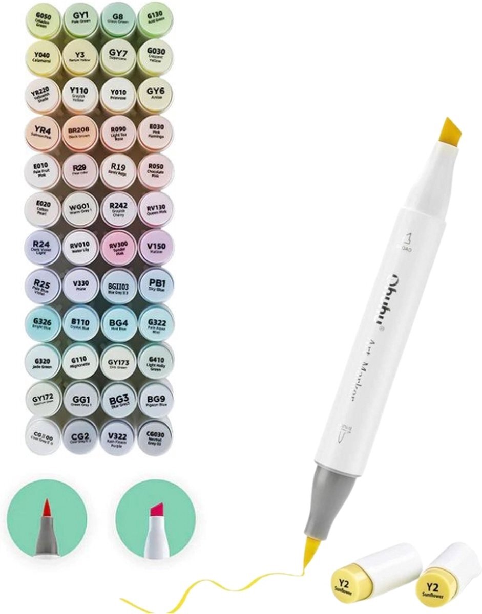 Ohuhu - Alcohol based Art markers Brush & chisel – Pastel Colors Blossoming – set van 48 + Blender + etui (nieuwe kleuren)