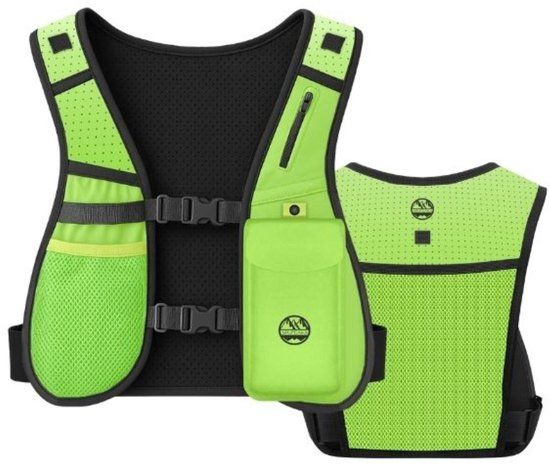 Six Peaks hardloopvest hydratatie geel XS/S met reflectie en fles.