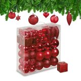 Relaxdays Kerstballen, 110 stuks, kunststof, D: 8 cm, kerstboomdecoratie, met slinger, rood