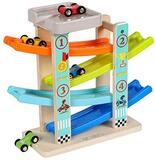 Toys of Wood Oxford Houten Auto Ramp speelgoed - Zig Zag Car Slide met 4 Wooden Cars & Roof Top Car Park speelsets - Click Clack Track Houten Auto Speelgoed voor peuters - Racing Car speelgoed voor kinderen Jongens Meisjes 1 2 3 4