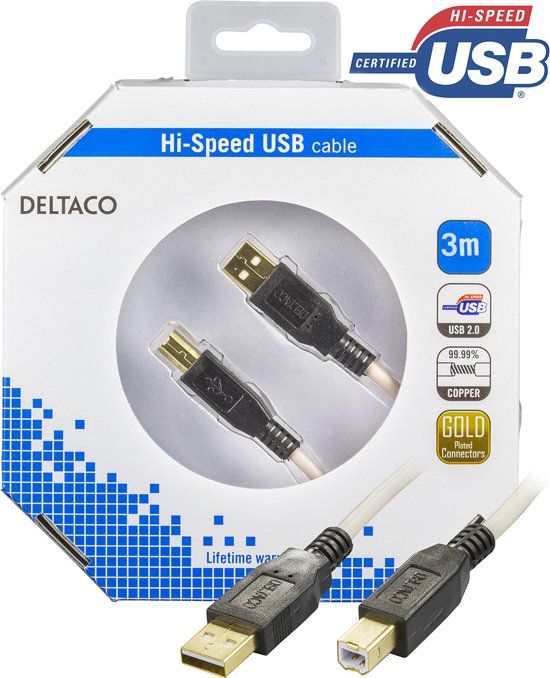 Deltaco USB-230-K Verbindingskabel USB 2.0 USB A naar USB B 3m Grijs