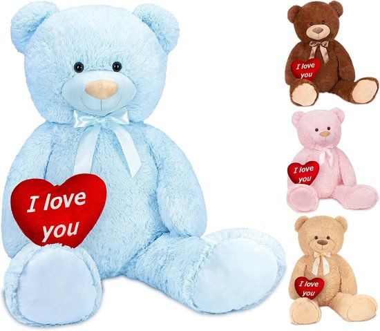 BRUBAKER XXL Teddybeer 100 cm met Hartje - I love you - Lichtblauw