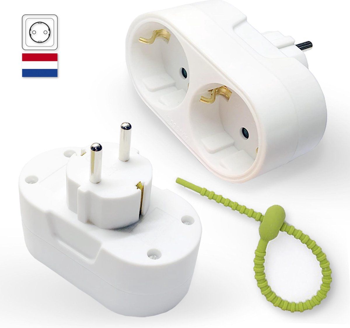 Colorful Sun® Stekker Verdeelstekker 2 voudig wit verticaal 1 stuk met randaardel Gratis kabel-organizer Stopcontact splitter Verloopstekker Stekkerdoos