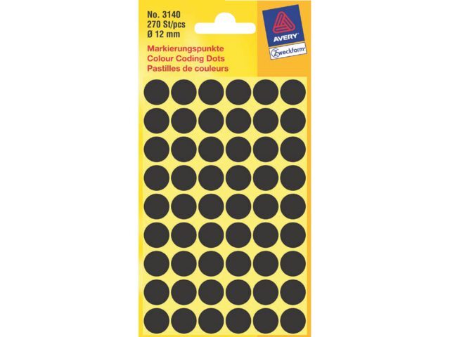 Avery Etiket 3140 rond 12mm zwart 270stuks