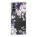 Lacoquefrancaise Beschermhoes compatibel met Samsung Galaxy S21 5G, siliconen, hoeken, schokbestendig, robuust, volledige bescherming, transparant, pioenrozen, paars, schrijfpatroon, CD_276636