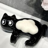 Merkloos Bac à savon en céramique avec évacuation - Ornements de chat - Porte-savon pour douche, salle de bain, cuisine - Plateau en céramique pour chat - Blanc