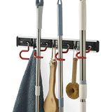 QBOSO Muur gemonteerde Mop en Broom Houder Roestvrij Staal S Type Broom Rack Anti-Slip Mop Organizer (17 Inch,4 Posities 3 Haken, Rood Zwart)