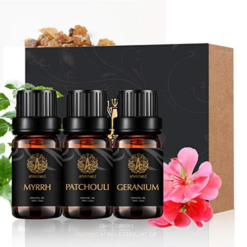 Aphrosmile Aromatherapie Myrhe etherische olie set voor diffuser, 3 x 10 ml 100% pure patchouli etherische olie kit voor het maken van kaarsen, therapeutische kwaliteit geranium etherische olie set voor massage