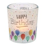 Dekohelden24 Windlichtglas met motief op een transparante banderol, incl. 1 theelichtje, H/Ø: 6,5 x 6 cm, motief: Happy Birthday.