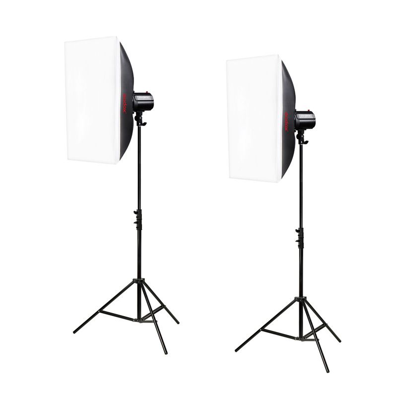 Godox Mini Pioneer 250watt softbox duo kit, 2x 250w flitslamp + 2x 60x60cm softbox + 2x lampstatief