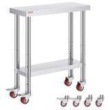 VEVOR Werktafel van roestvrij staal voor commerciële keuken, 76 x 30 x 86 cm, met 4 wielen, zilverkleurige werktafel voor het bereiden van zware levensmiddelen
