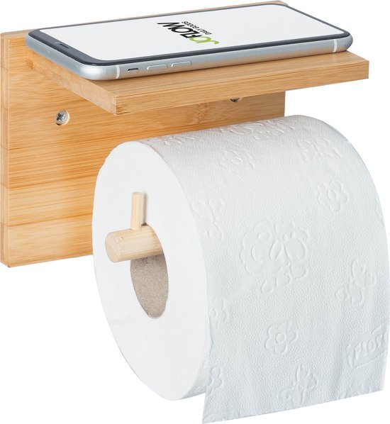 JoFlow Toiletrolhouder met Plankje | Wc Rolhouder staand | Zelfklevend / Boren / Zonder Boren | Bamboe Badkamer Accessoires