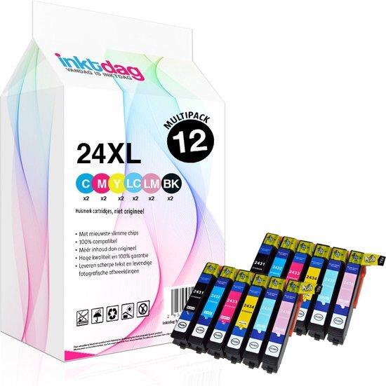 inktdag huismerk Epson 24XL multipack, 24 xl inktcartridge voor 12 packs (2* Zwart, C, M, Y, LC, LM) voor Epson Expression Photo XP850, XP750, XP950, XP55, XP860, XP760, XP960 serie