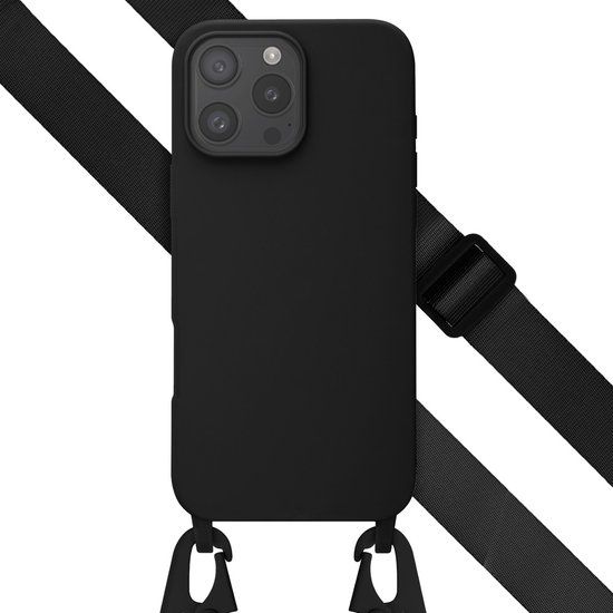 Selencia Hoesje - Geschikt voor Apple iPhone 16 Pro Max - Siliconen hoesje met afneembaar koord - Zwart