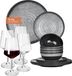 Set de vaisselle de camping en mélamine pour 4 personnes Gris pierre + 4 verres à vin rouge Milano