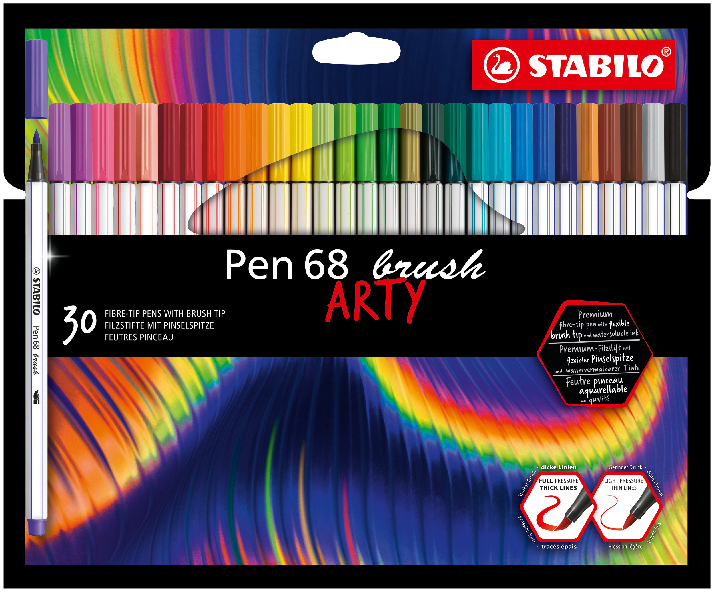 Stabilo Pen 68 brush, premium brush viltstift, ARTY etui met 30 kleuren