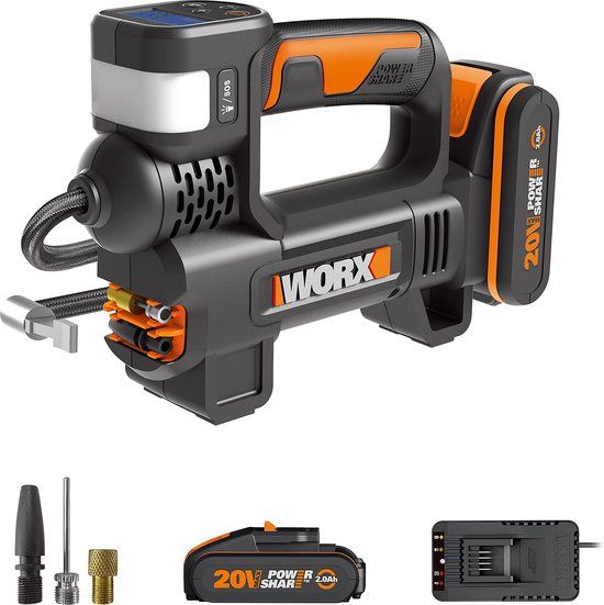 WORX Accu luchtpomp WX092 - Draadloze luchtcompressor en led-schijnwerper 150 PSI - 20V-2Ah - WX092 (incl. accu en snellader)