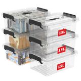 Cetomo Opbergdozen, 15 l x 6 stuks, opbergdoos met handvat, kunststof, organizer met deksel, stapelbaar, draagbaar, voor kleding, kantoor, slaapkamer, slaapzaal, transparant, 15 l, 6 stuks
