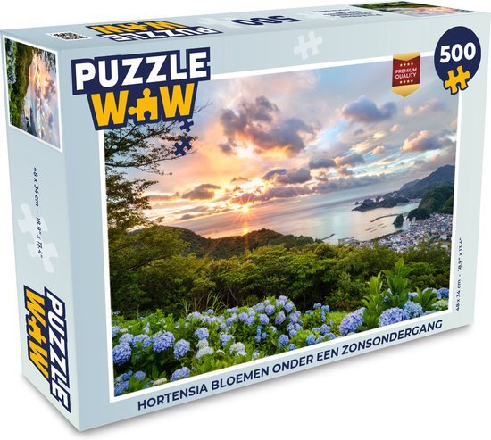 MuchoWow Puzzel Hortensia bloemen onder een zonsondergang - Legpuzzel - Puzzel 500 stukjes - Sinterklaas cadeautjes - Sinterklaas voor grote kinderen