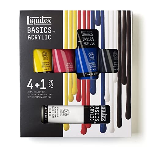 Liquitex 3699406 Basics enkelvoudig pigmenteerde acrylverf, kunstenaarspigmenten, lichtecht, medium viscositeit, goede kwaliteit, satijn finish - Set Basics 4x75ml & Titanium White 118ml, Set Basics