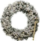 Merkloos Kerstkrans 60 cm - groen met led - besneeuwd - met gouden hanger/ophanghaak