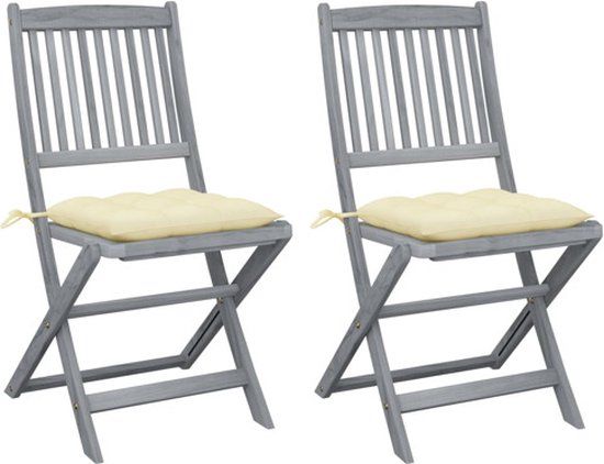 vidaXL Set van 2 klapstoelen met kussens, massief acaciahout, crème
