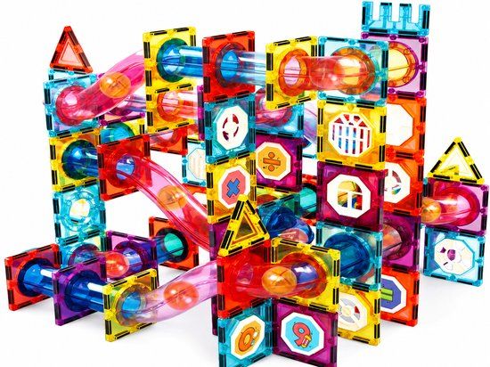 Olvy Magnetic Tiles - Speelgoed - 100 Stuks - Knikkerbaan - Magnetische Tegels - Montessori - Bouwstenen - Blokken - Magna Wereld - Voor 3, 4, 5, 6, 7, 8, 9 Jaar - Kinderen - Olvy