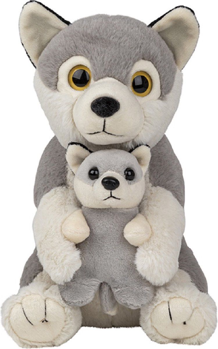 Nature Planet Pluche Wolven Knuffels - 22 cm - Moeder en Jong - Dieren Speelgoed
