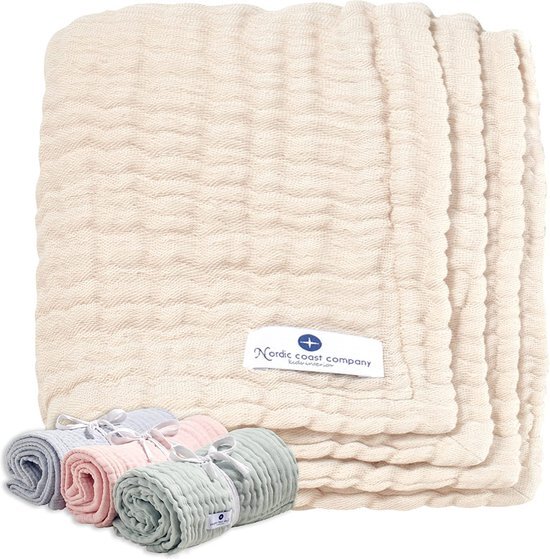 Nordic Coast&#174; mousseline deken Premium – 4-in-1 baby kruipdeken in natuurlijk wit cr&#232;me – 80x80 cm – 100% katoen – 4-laags – Oeko Tex&#174; gecertificeerd – babydeken inbakerdoek spuugdoek – luier