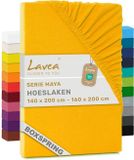 Lavea® Hoeslaken 140-160x200cm 100% Katoen – Hoge Hoek 35 cm voor Dikke Matrassen – met Elastiek Rondom in Jersey – voor Boxspring – Goudgeel