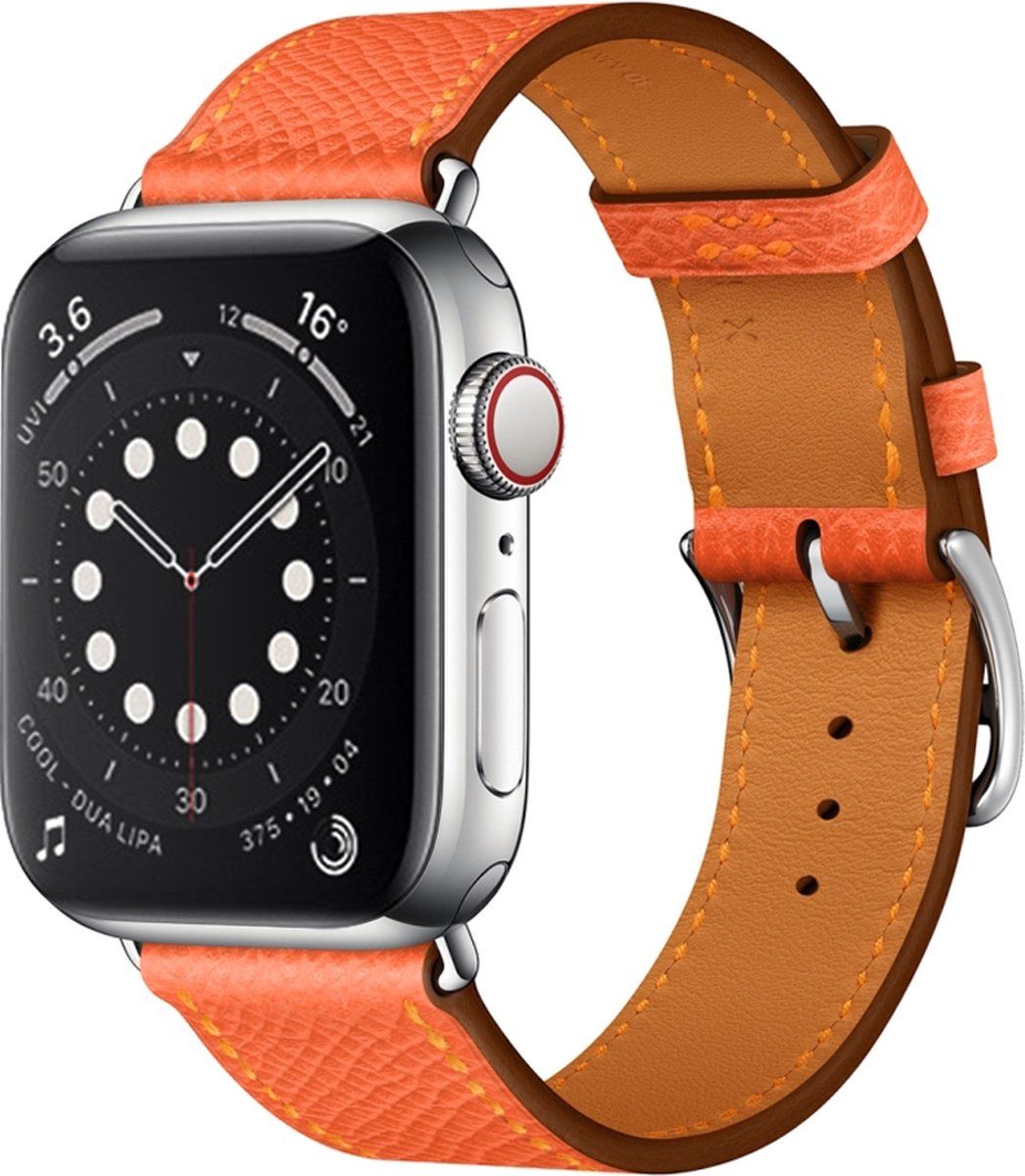 By Qubix Qubix Compatible Apple watch bandje - Lederen bandje - Oranje - Geschikt voor Apple Watch 42 / 44 / 45 / Ultra / 49mm