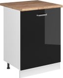 Vicco R-Line meuble bas de cuisine, noir laqué brillant/blanc, 60 cm avec 1 porte plan de travail chêne doré