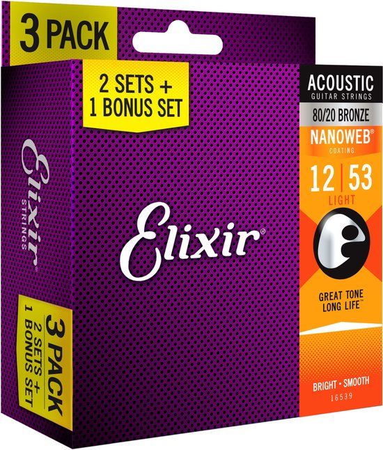 Elixir Acoustic Bronze Nano Strings 012/053 (3-pack) - 6 strings